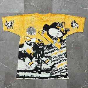 90s Vintage Pittsburgh Penguins Graphic Tee Mens Medium AOP All Over Print NHL